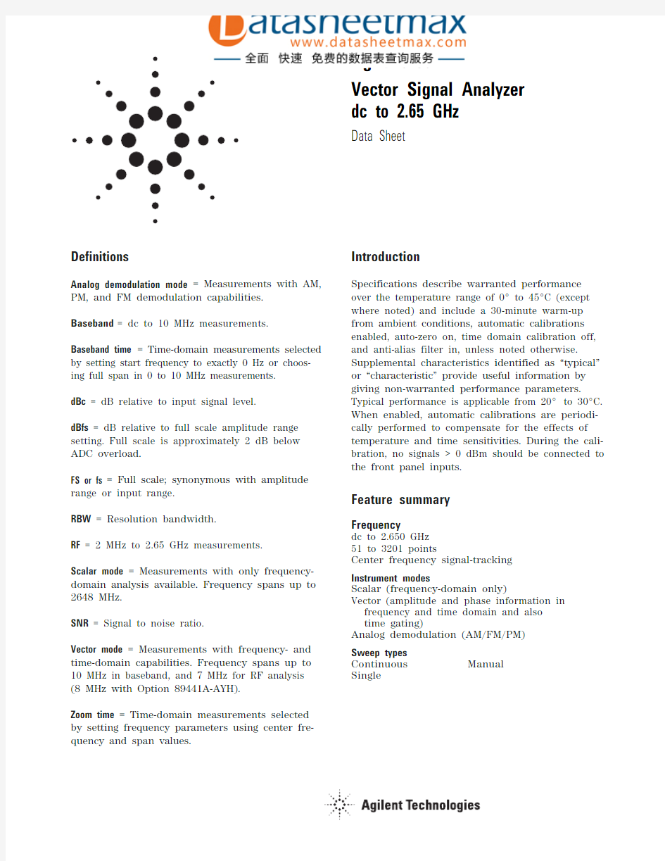 电子论文-Agilent 89441A Vector Signal Analyzer dc to 2.65 GHz Data Sheet