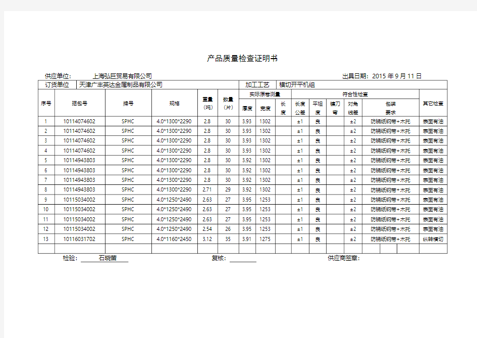 产品质量检查证明书