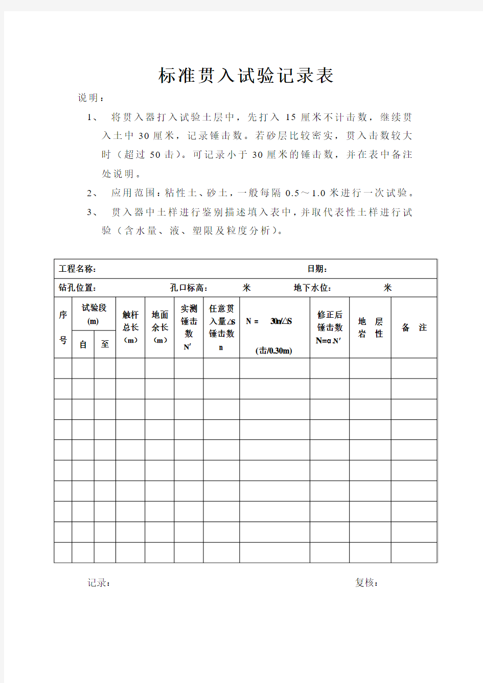 标准贯入试验记录表