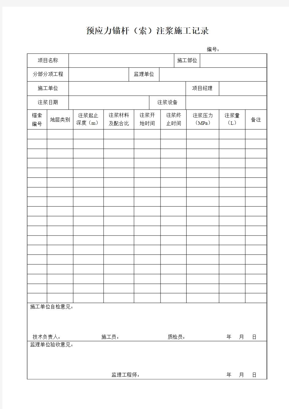 记录3、锚杆(索)注浆施工记录表