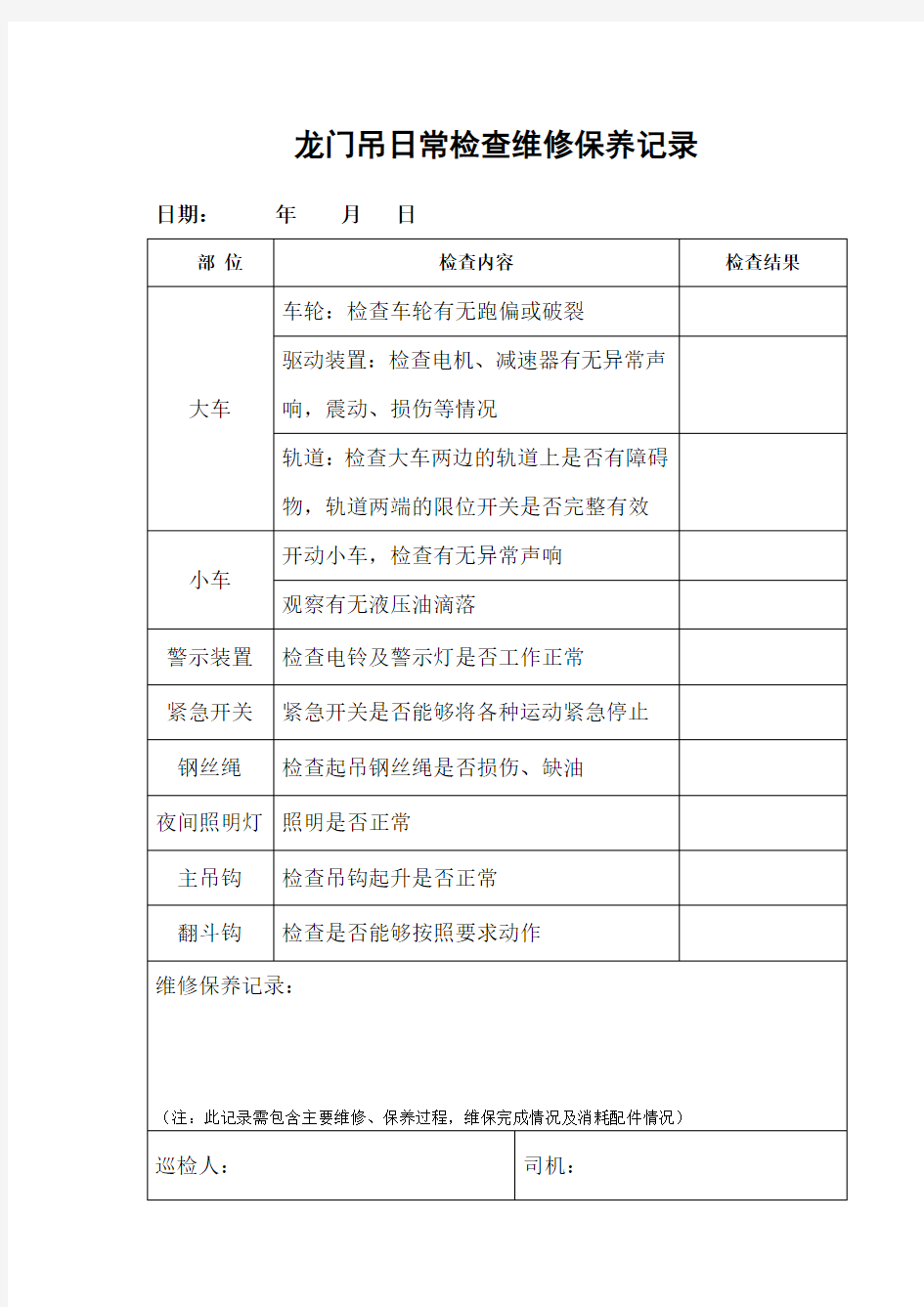 龙门吊日常检查维修保养记录