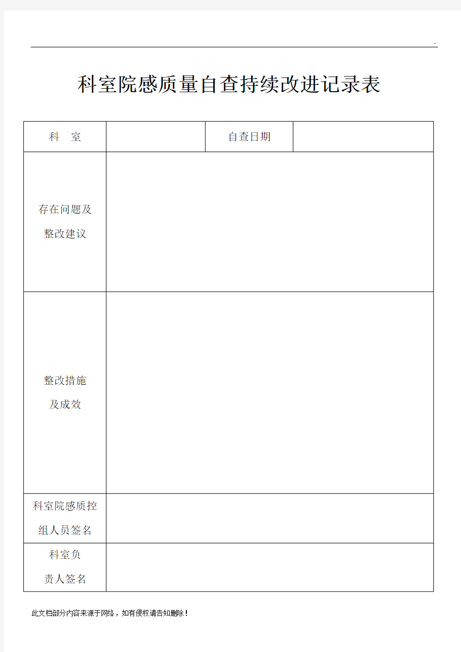 科室院感质量自查持续改进记录表