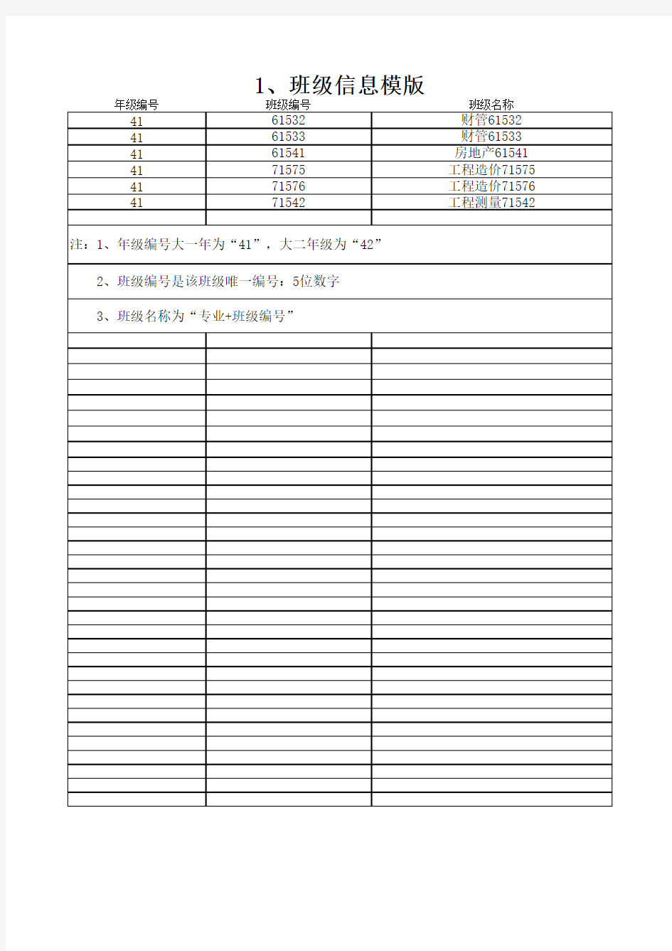 1、班级信息表