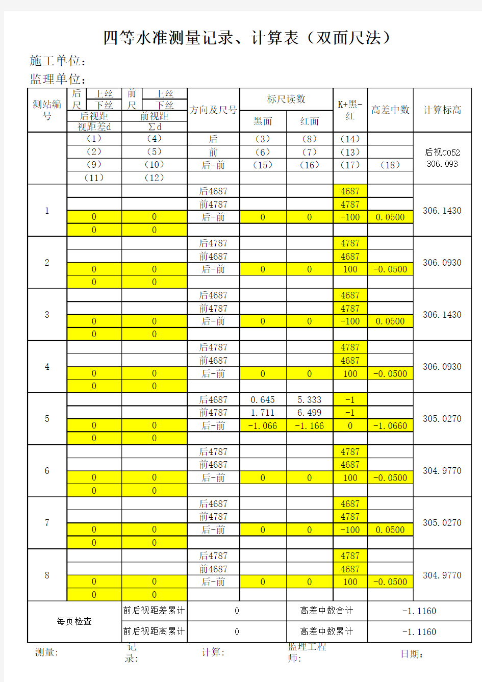 四等水准测量计算表 模版