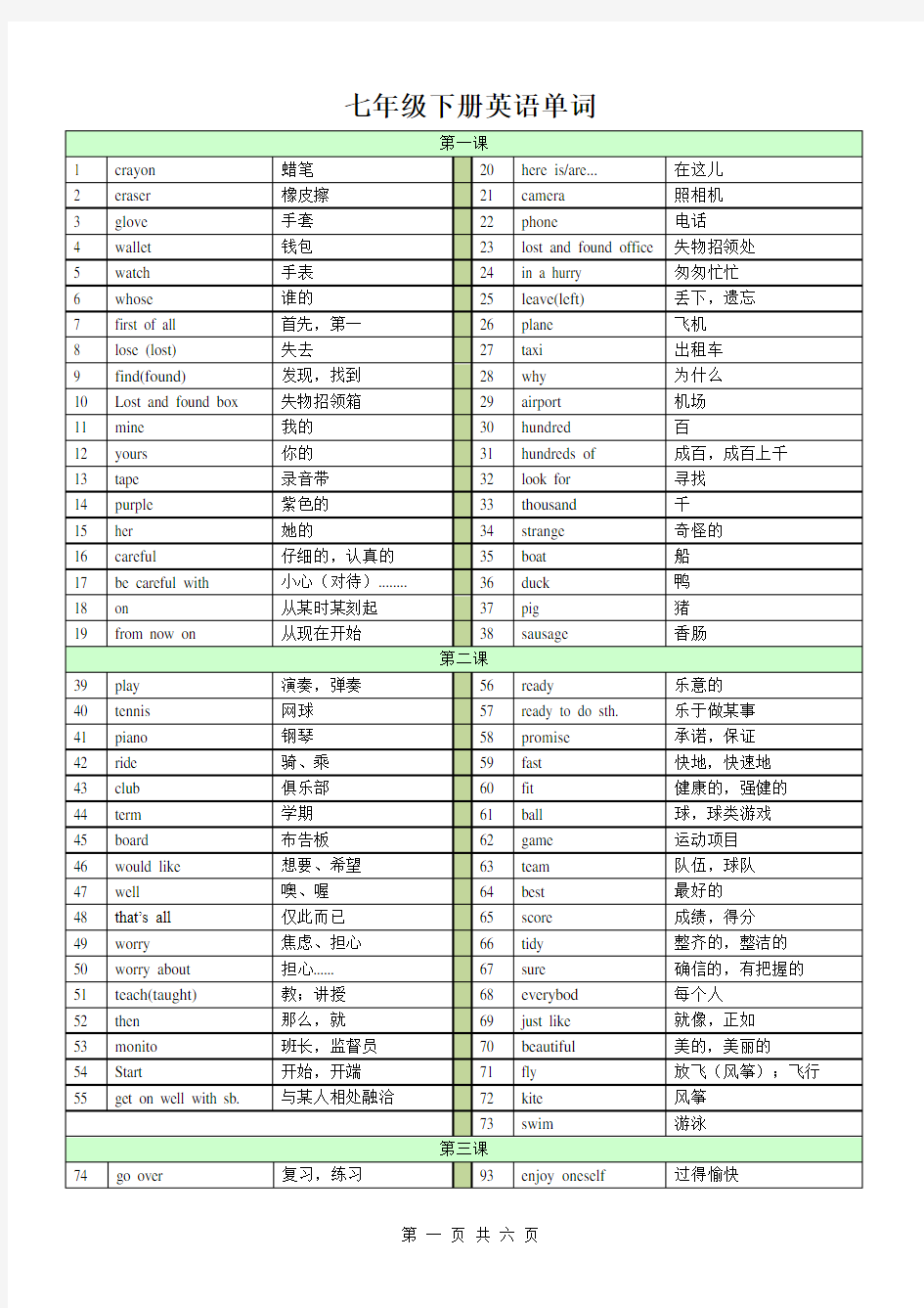 新外研版英语七年级下册单词表