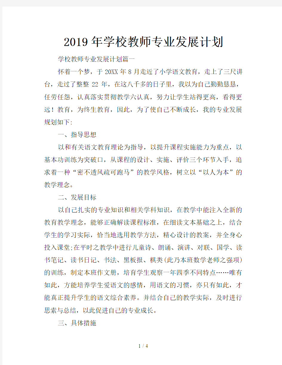 2019年学校教师专业发展计划