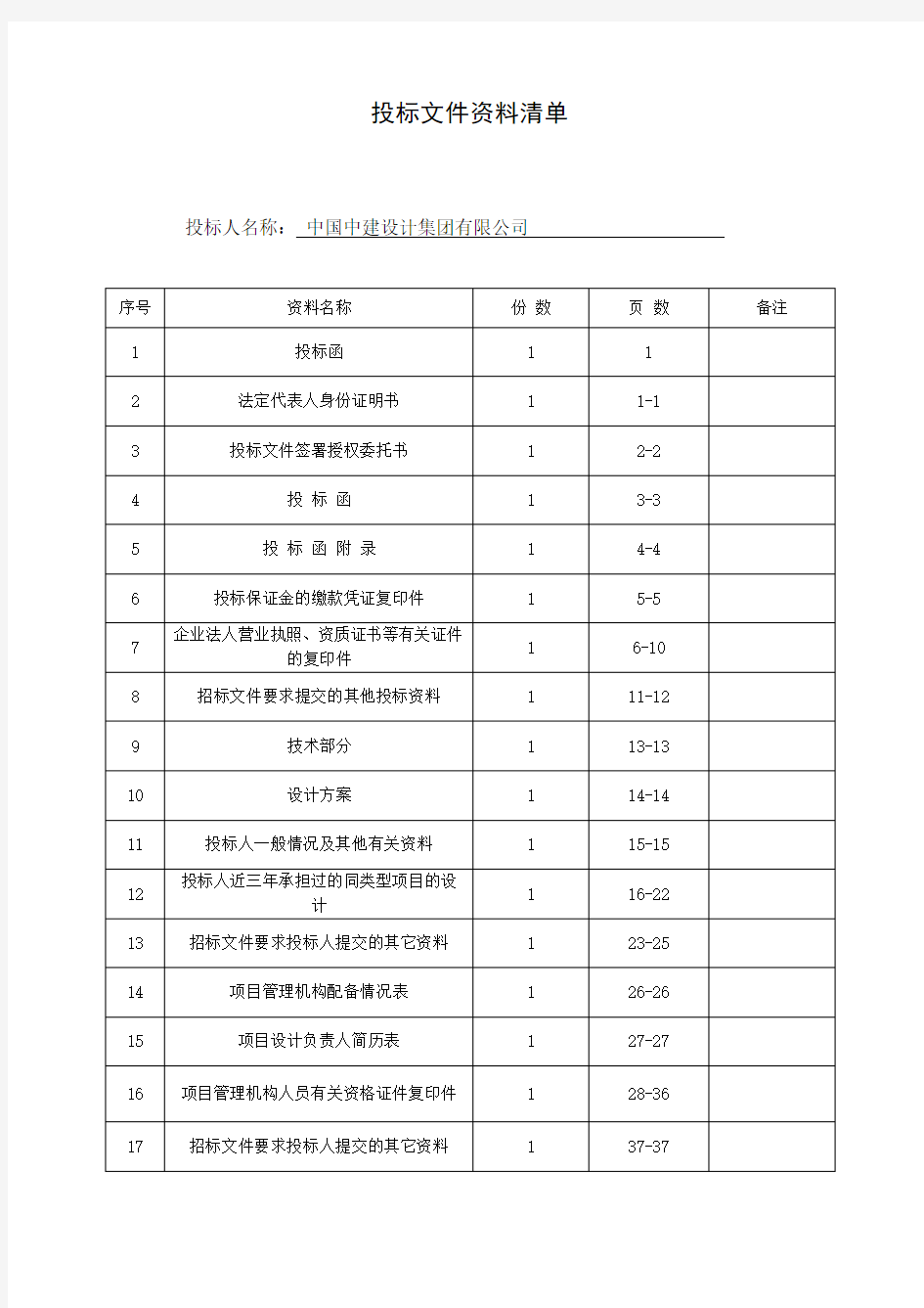 投标文件标准清单