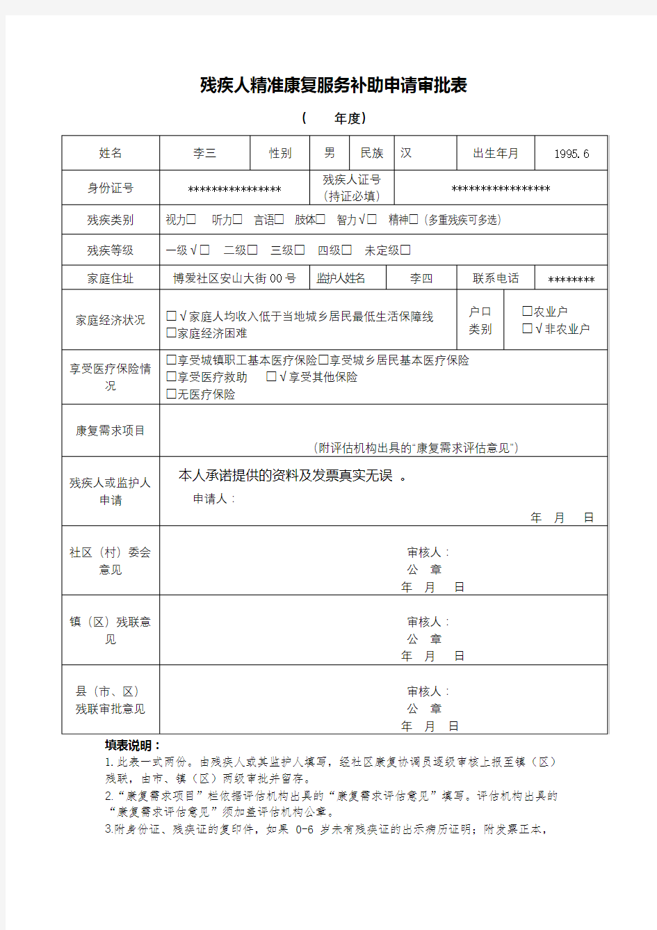 残疾人精准康复服务补助申请审批表【模板】