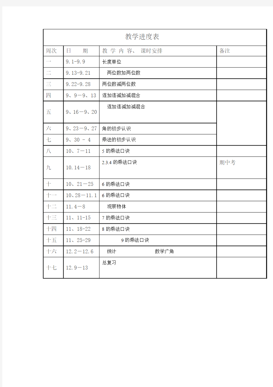 人教版小学二年级上册数学教学进度表