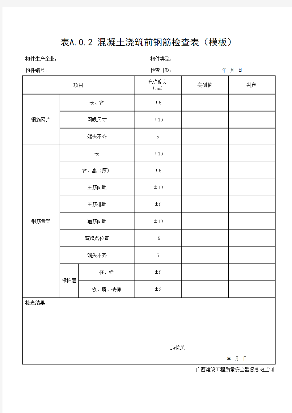 混凝土浇筑前钢筋检查表(模板)