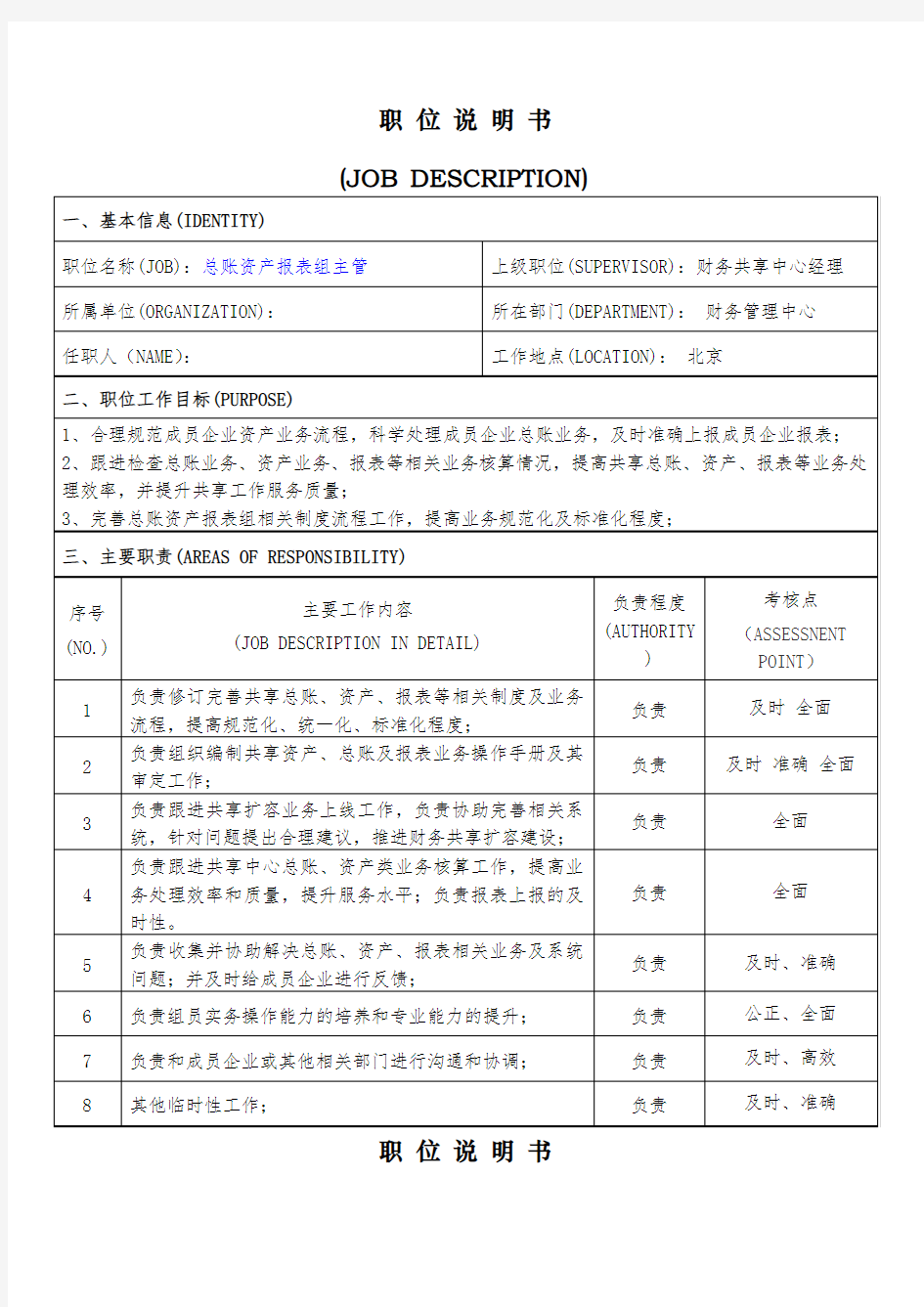 财务共享服务中心岗位职责总账报表组