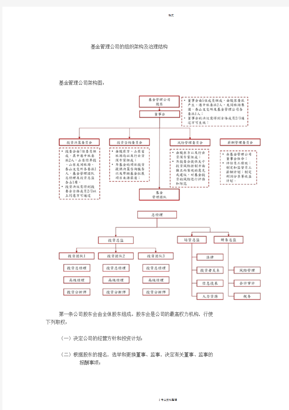 20.基金管理公司的组织架构及治理结构