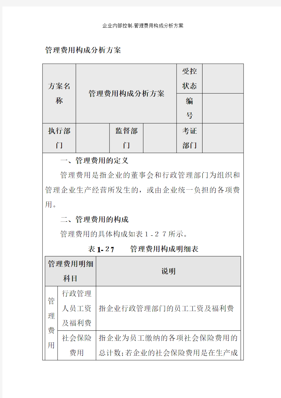 企业内部控制-管理费用构成分析方案