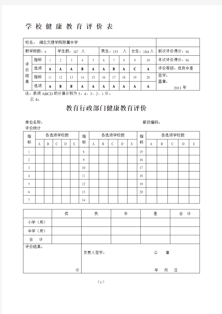 学校健康教育评价记录表资料