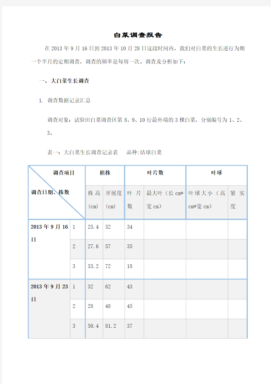 白菜报告田间实验报告