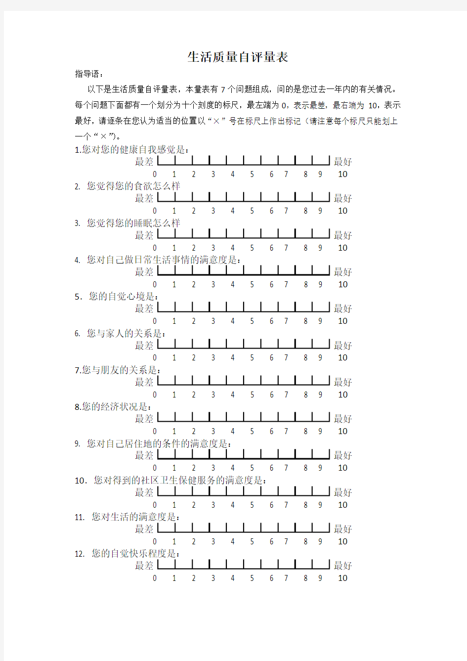 生活质量视觉模拟评分量表——VAS