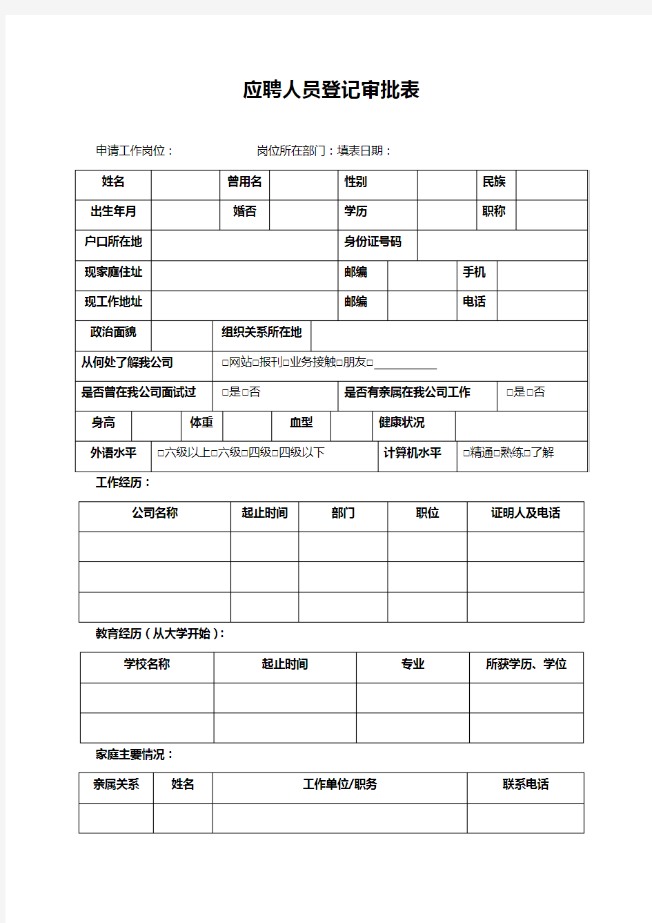 应聘人员登记审批表