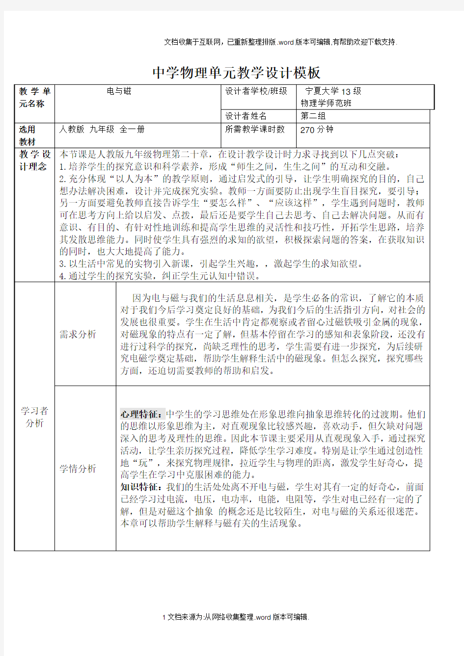 中学物理单元教学设计模板2020(1)