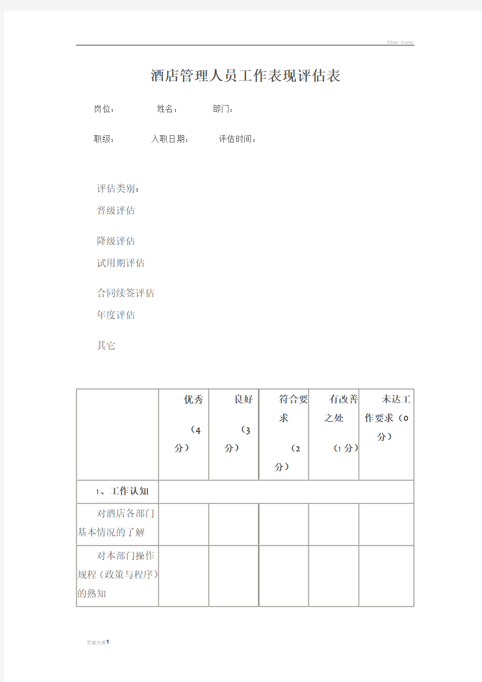 酒店管理人员工作表现评估表