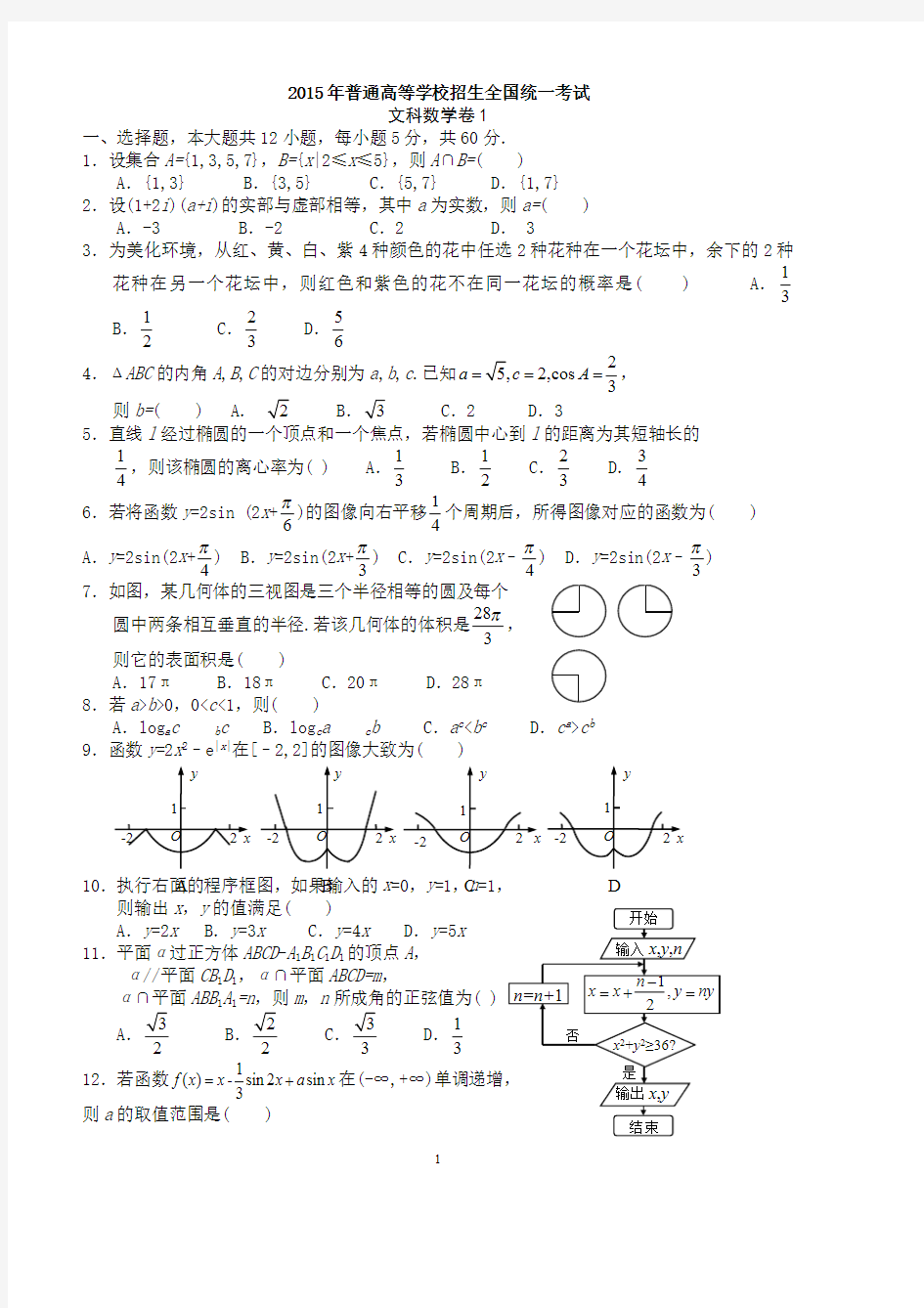 2016年全国高考1卷文科数学试题及答案(最新整理)