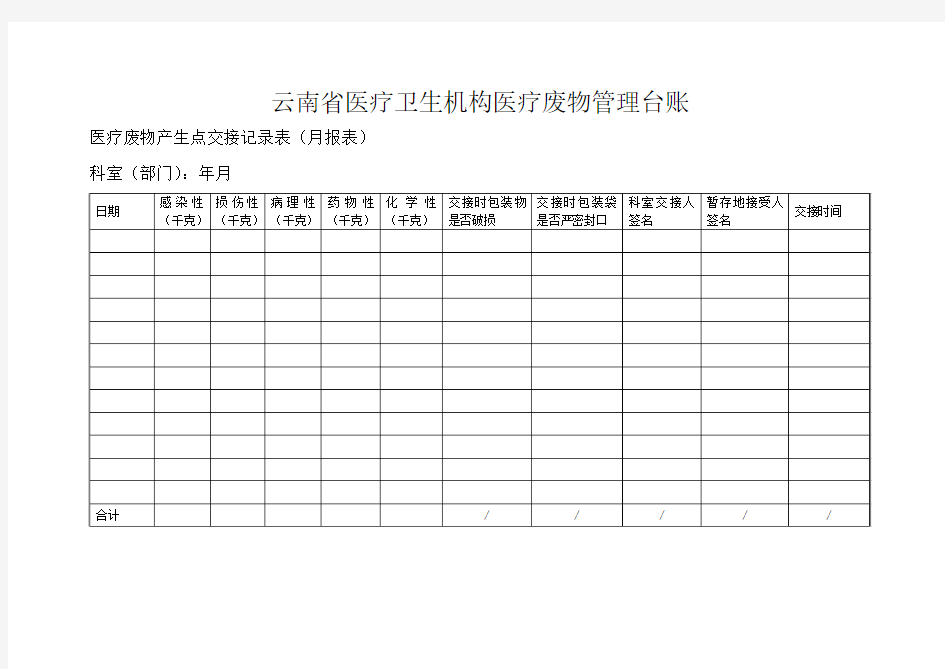 云南省医疗卫生机构医疗废物管理台账