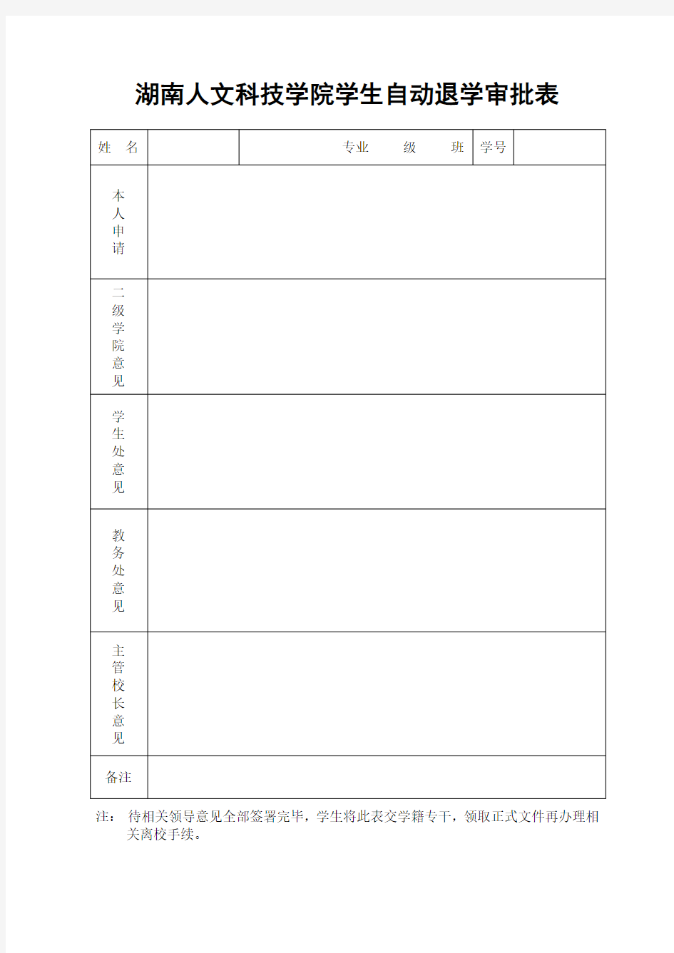 湖南人文科技学院学生自动退学审批表