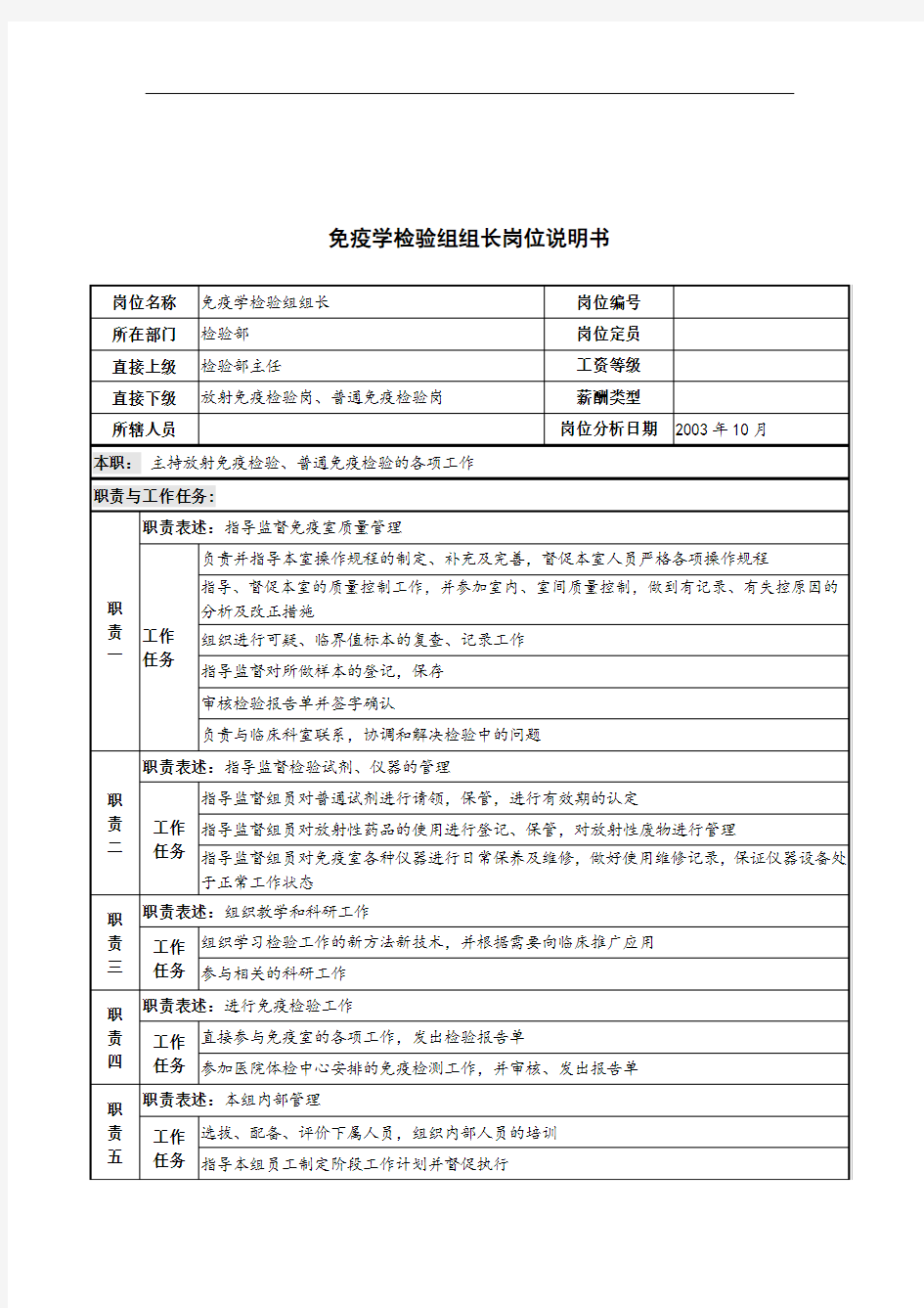 湖北新华医院检验部免疫学检验组组长岗位说明书