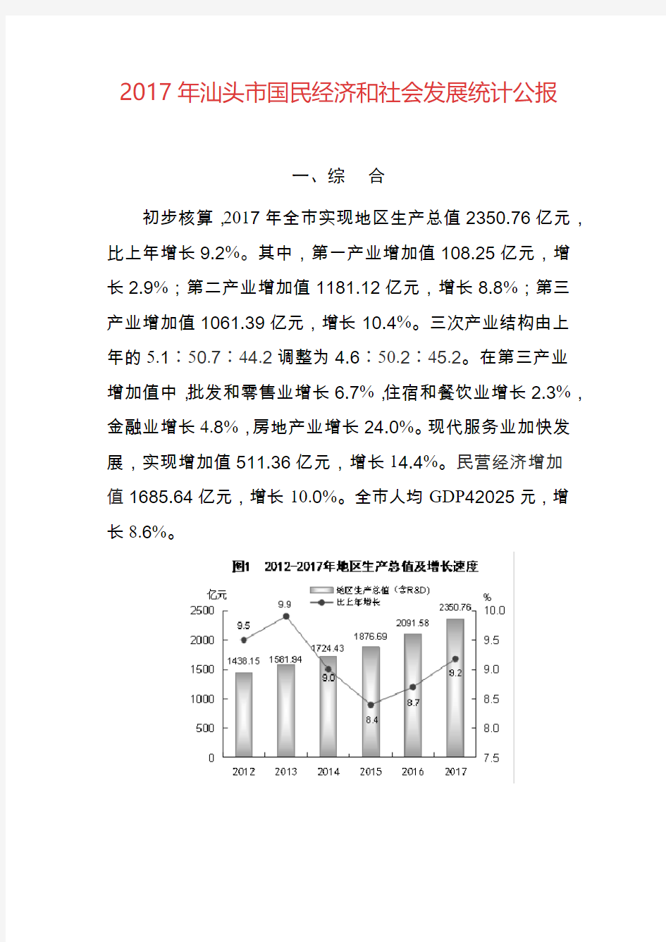 2017年汕头市国民经济和社会发展统计公报