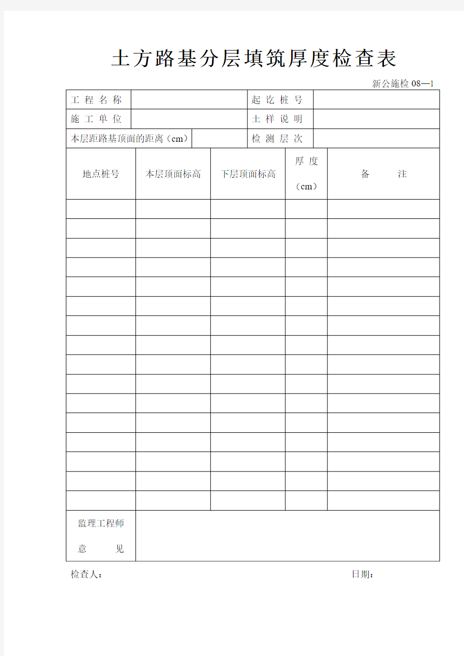 新公施检08-1  土方路基分层填筑厚度检查表