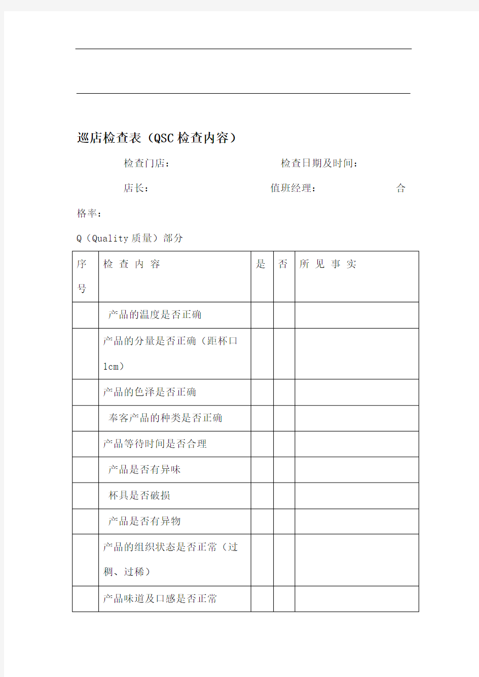 巡店检查表qsc检查内容