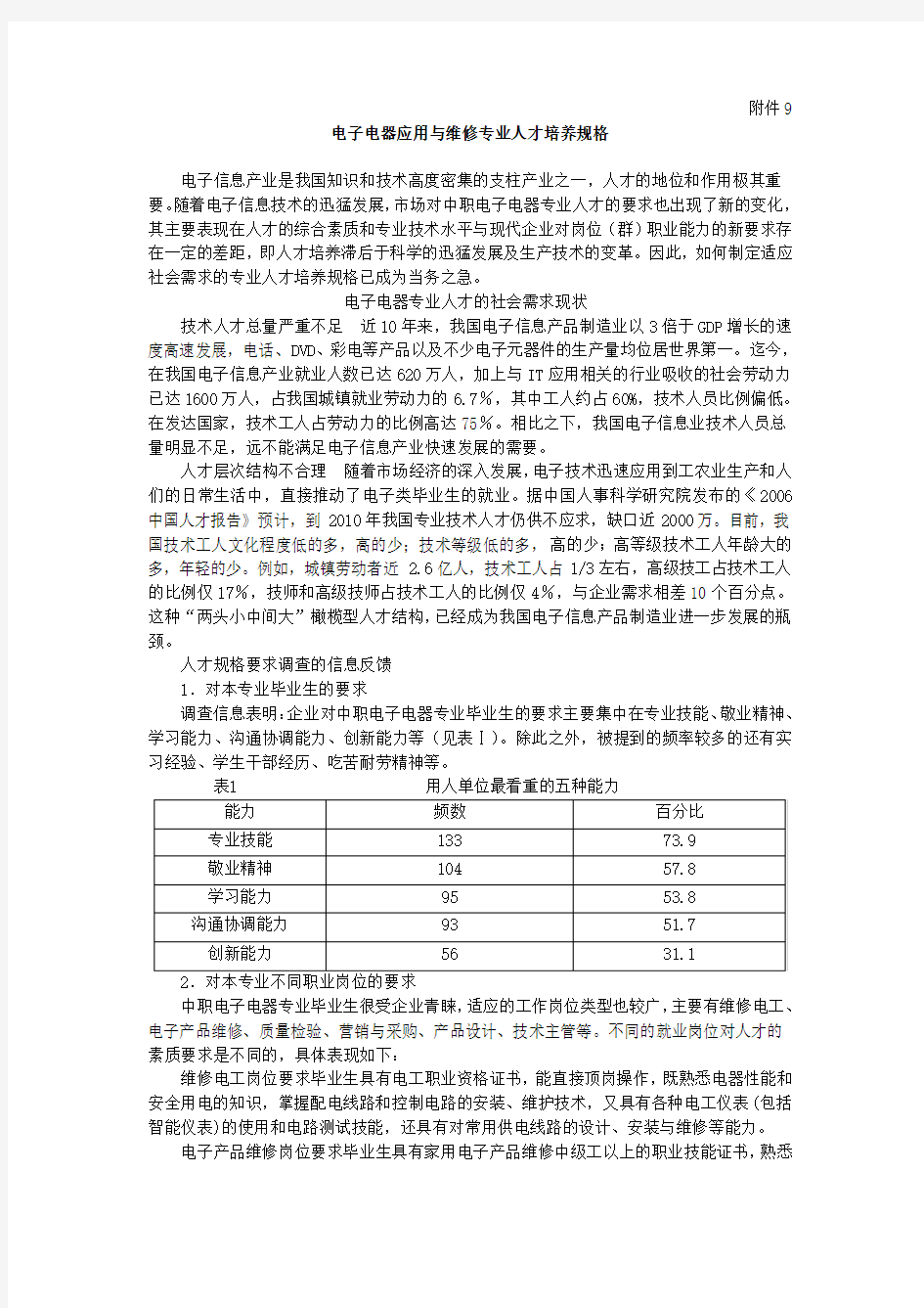 电子电器应用与维修专业人才培养规格