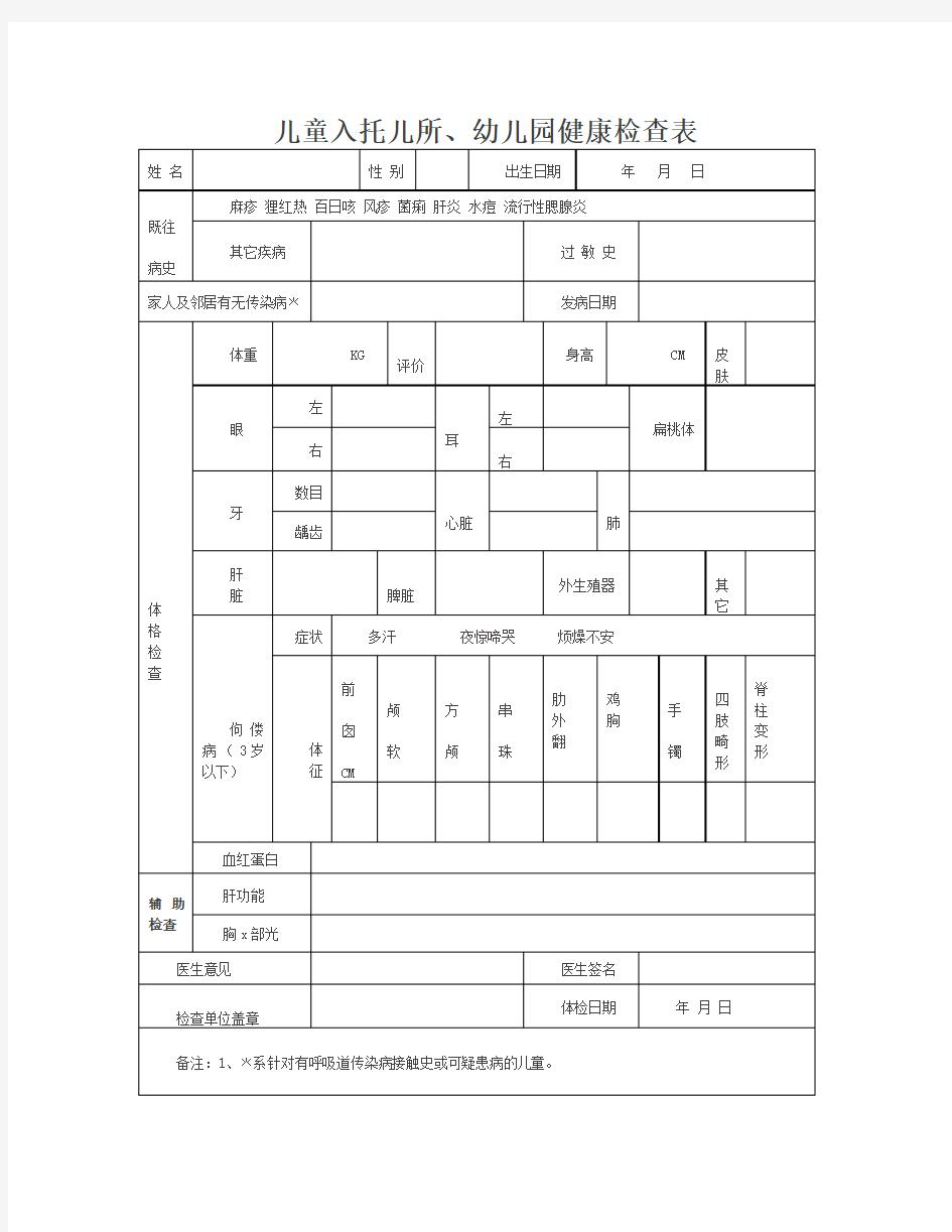 儿童托儿所、幼儿园体检表