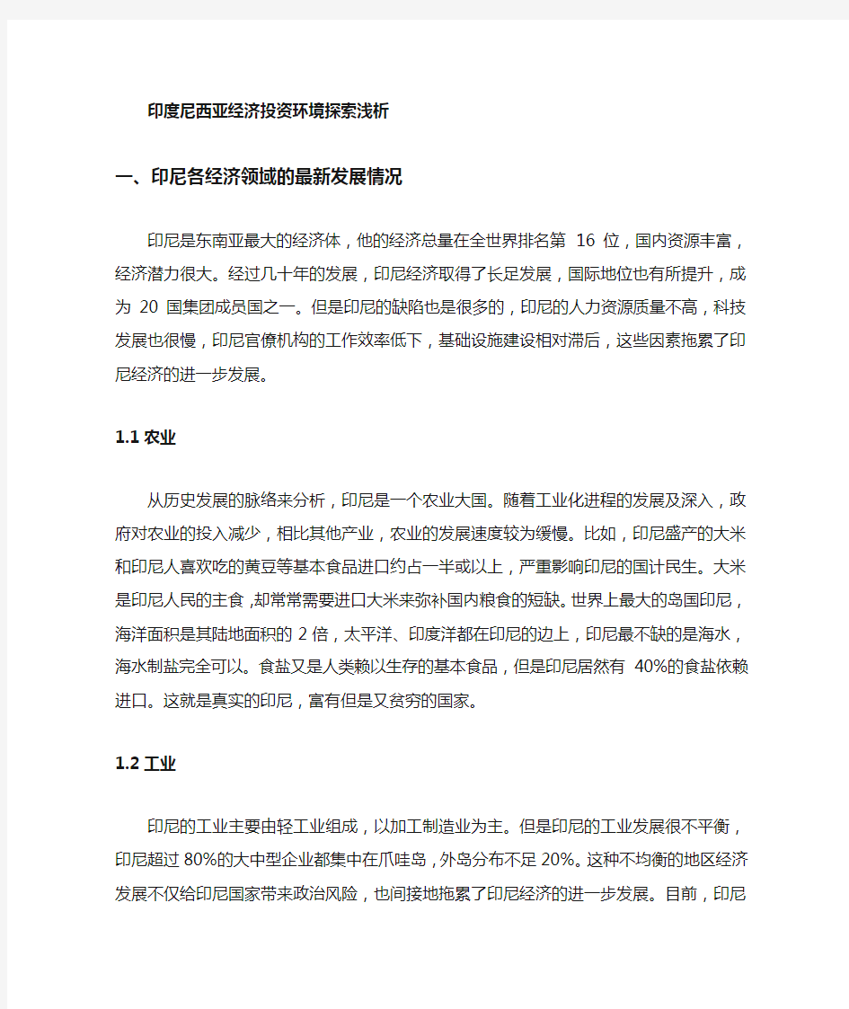 印度尼西亚经济投资环境浅析