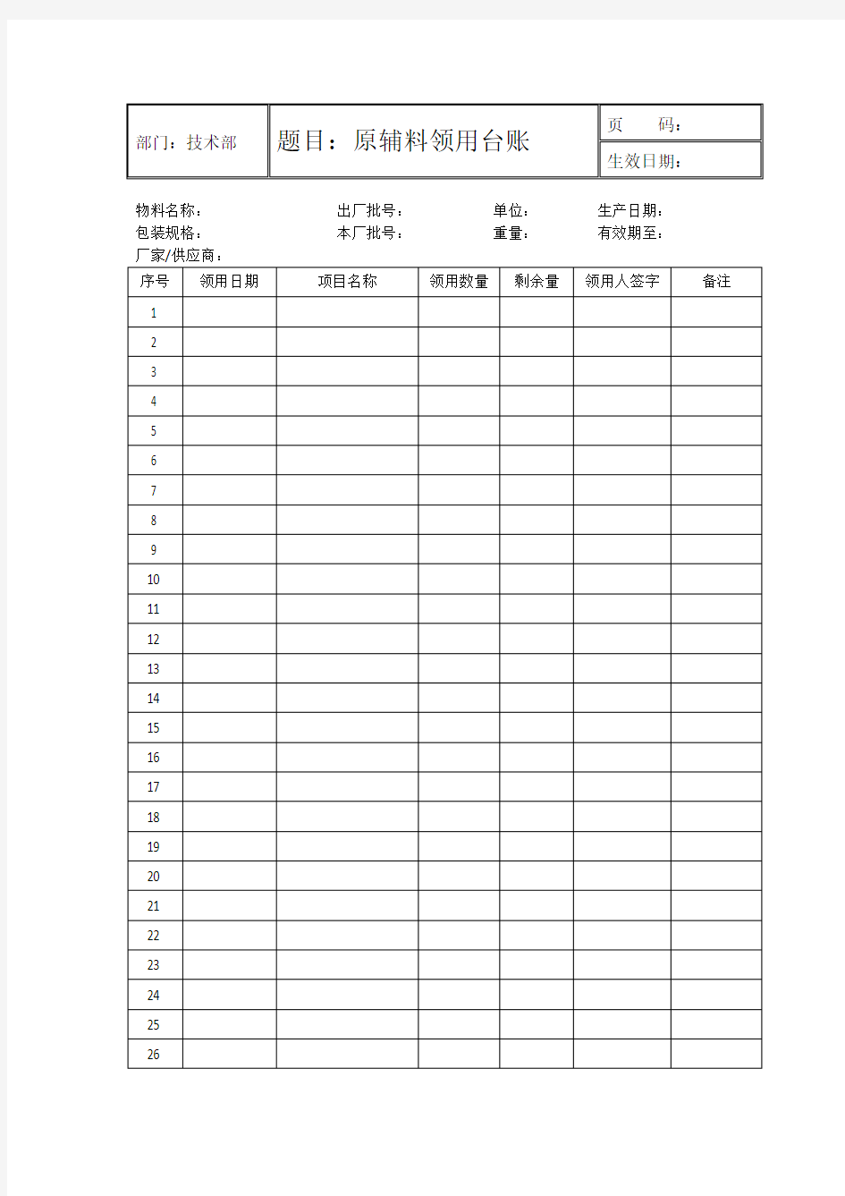 原辅料领用台账