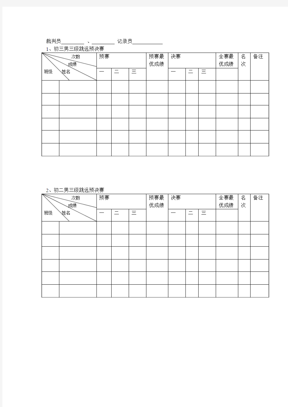 田径运动会田径比赛(跳高、跳远、三级跳、铅球)评分表格田赛表格