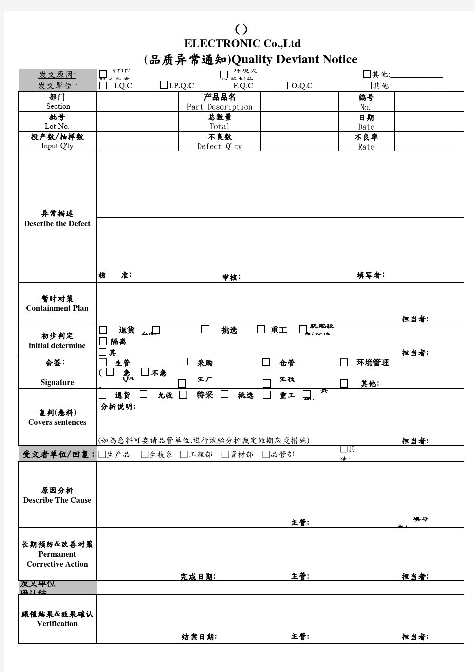 品质异常通知单