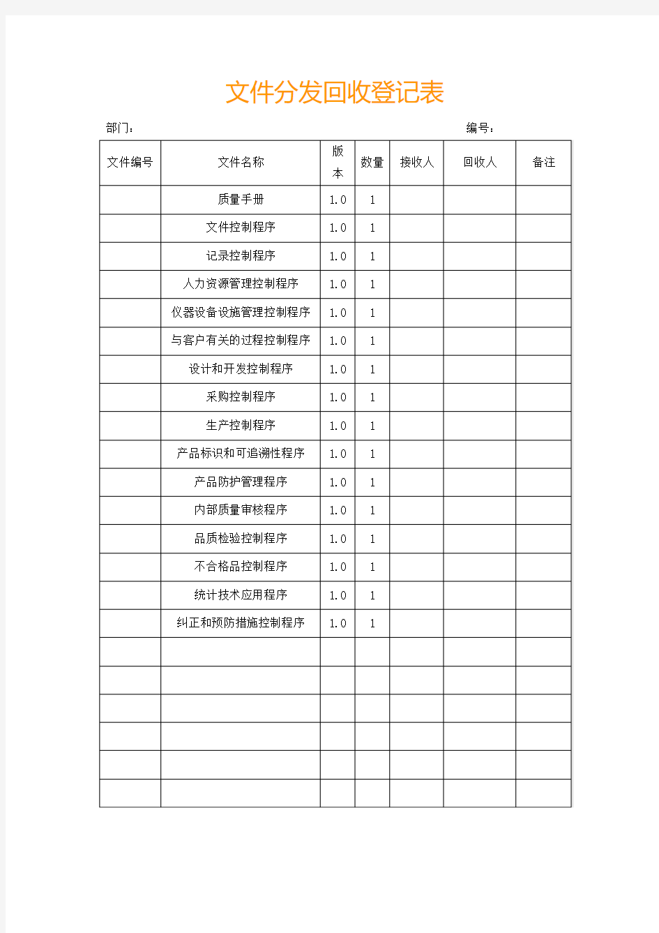 文件分发回收登记表