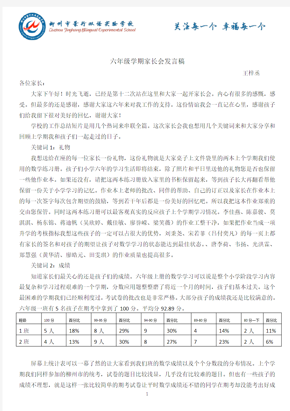 六年级数学家长会发言稿(王梓丞)