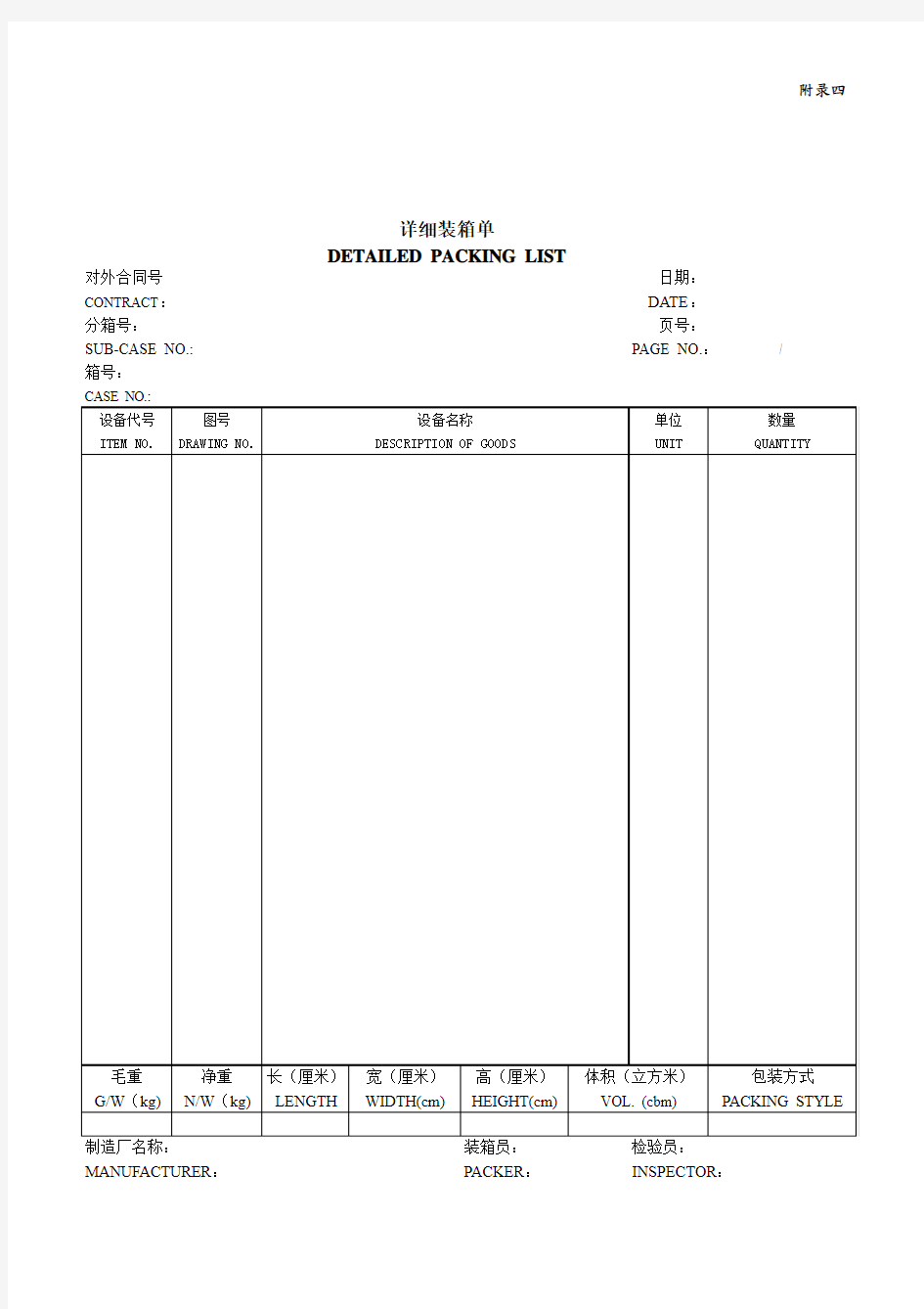 详细货物装箱单