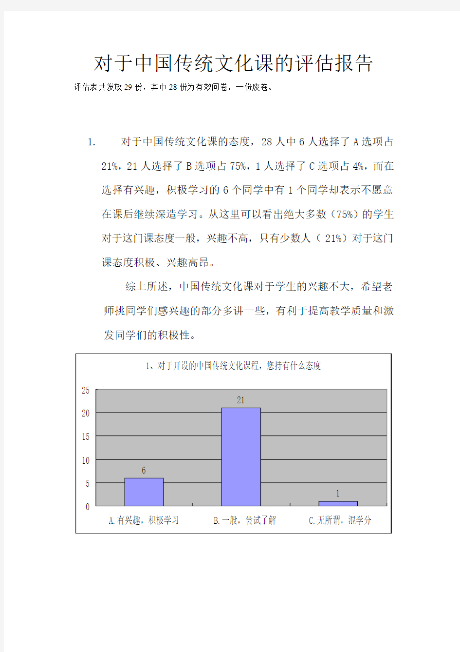 对于中国传统文化课的评估报告