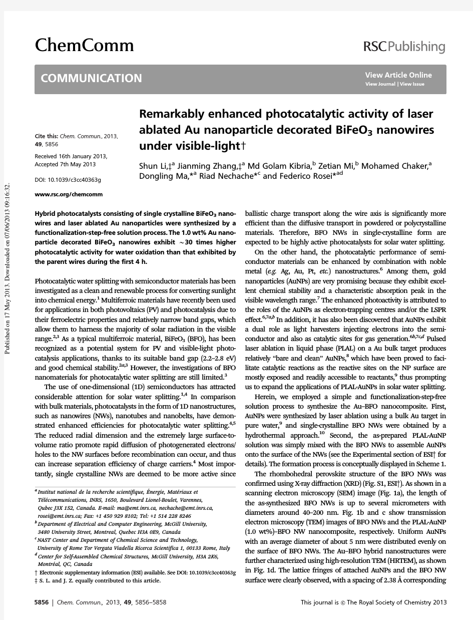 Remarkably enhanced photocatalytic activity of laser ablated Au nanoparticle decorated BiFeO3 nanowi