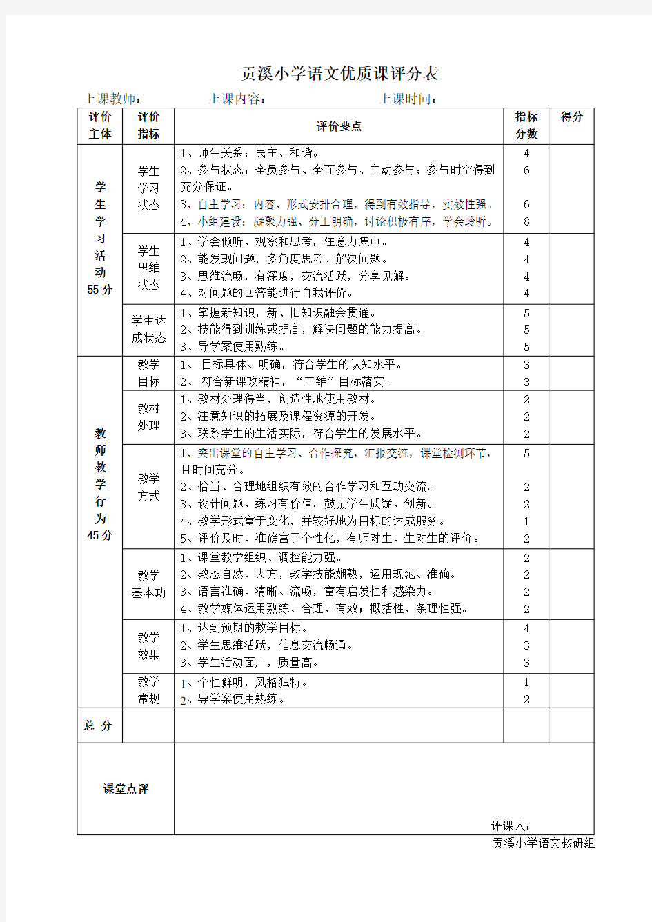 小学语文优质课评分表用