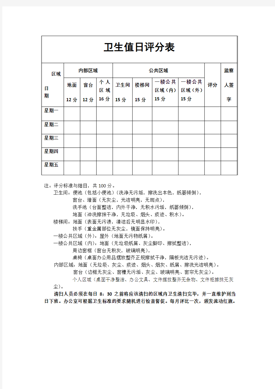 卫生值日评分表