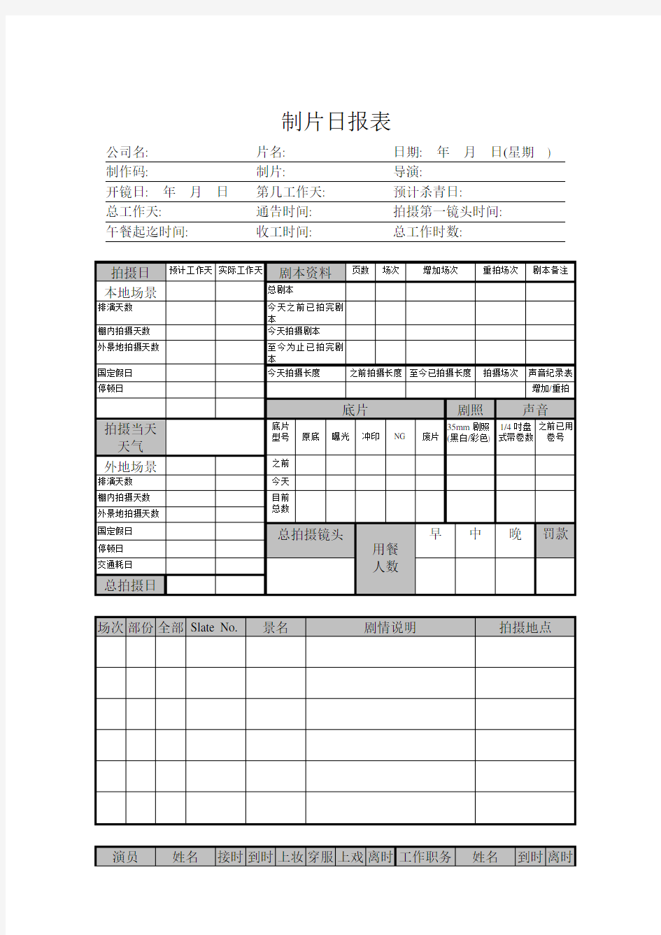 制作组-制片日报表[影视拍摄专用表格]