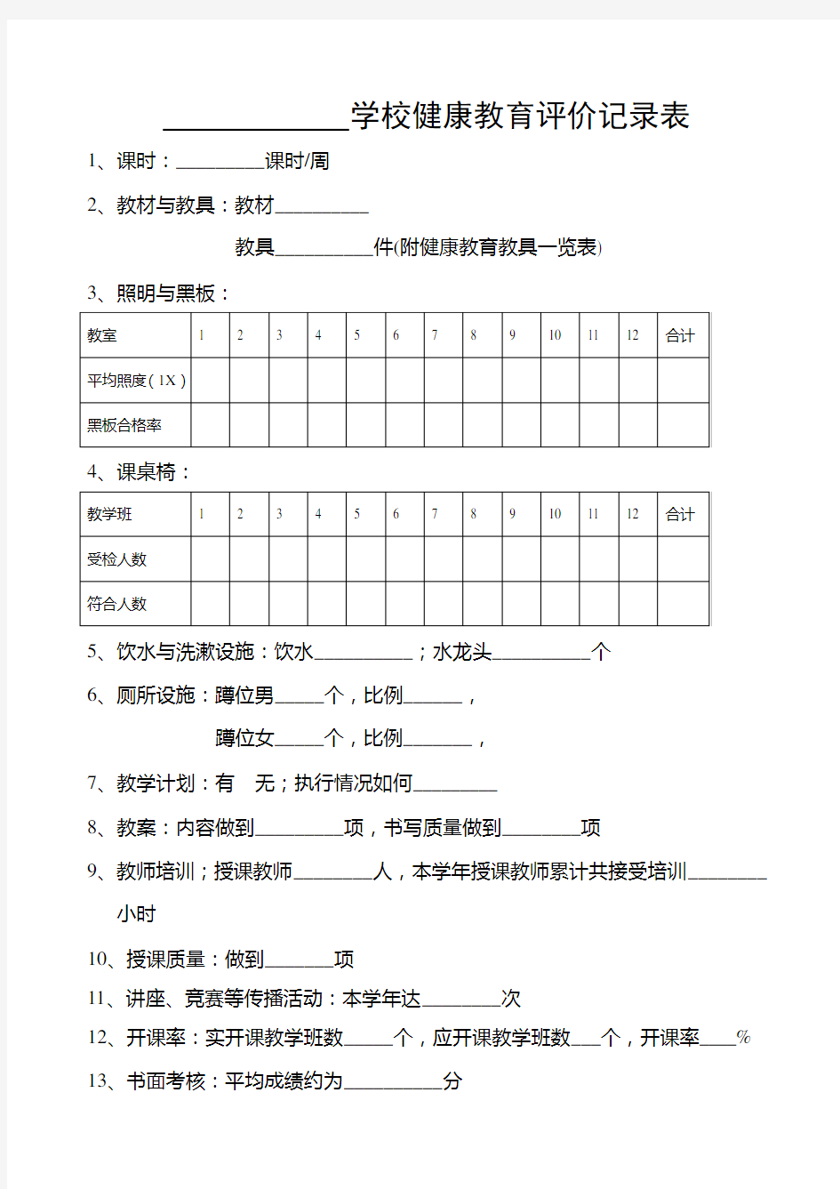 学校健康教育评价记录表