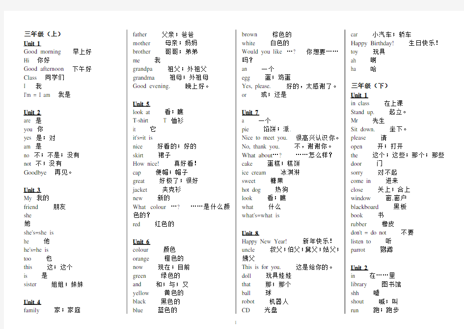 最新译林版小学英语三-六年级单词汇总