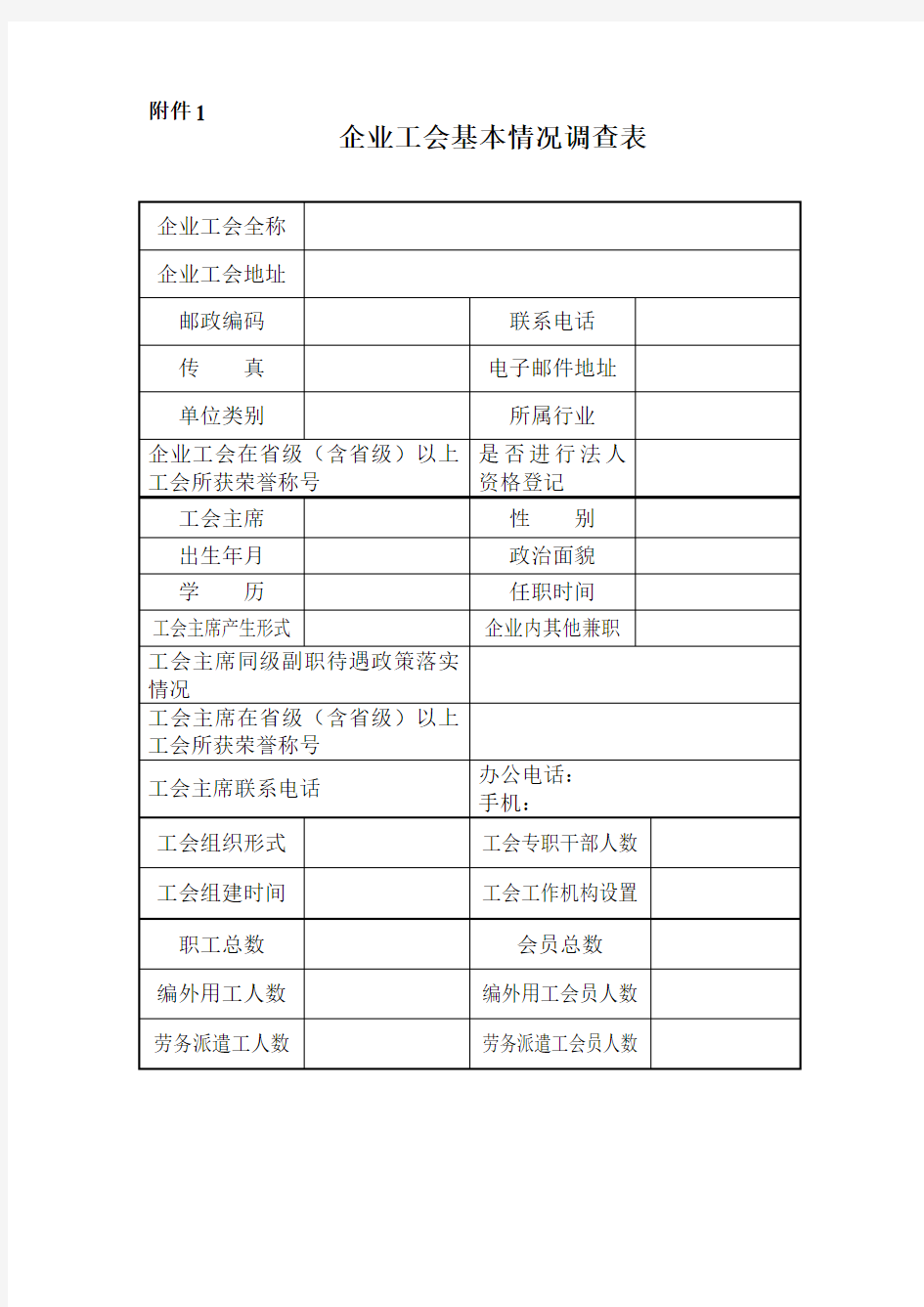 企业工会基本情况调查表