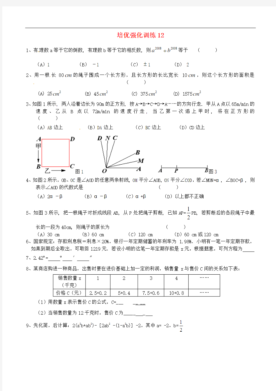 (通用版)七年级数学上册培优强化训练【12】(含答案解析)