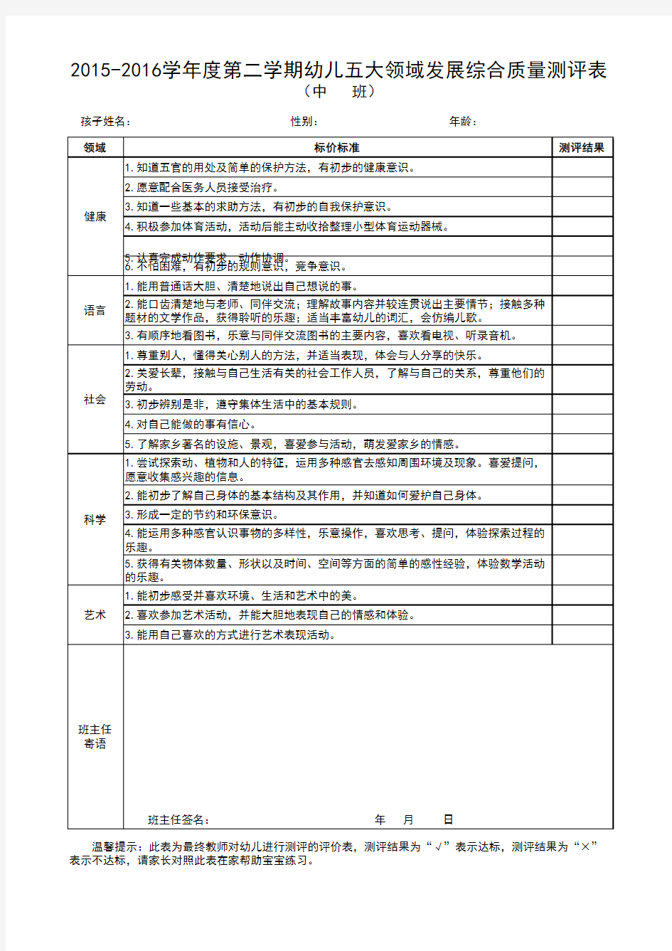 标准化建设(学校)-幼儿园五大领域评价表