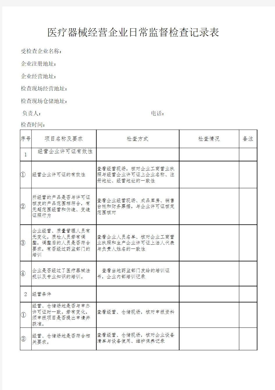 医疗机构医疗器械使用日常检查表